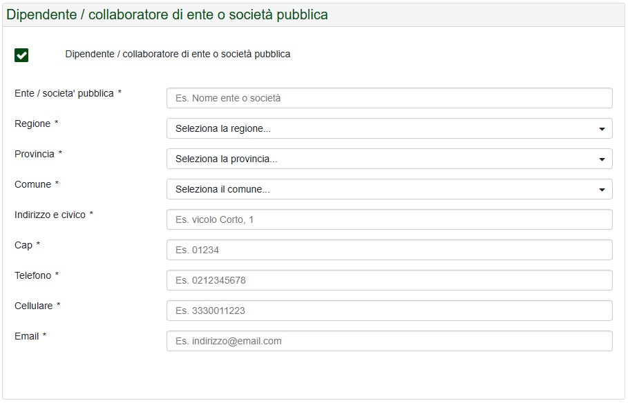 Figura A.5: Registrazione certificatore - Dati certificatore: Dipendente / collaboratore di ente o societĂ pubblica