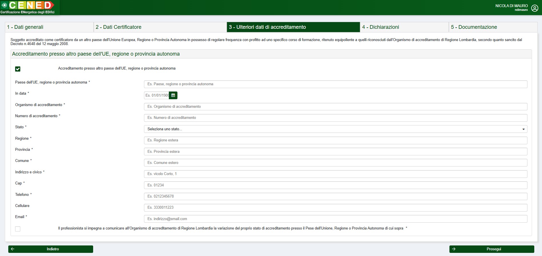 Figura A.7: Registrazione certificatore - Ulteriori dati di accreditamento