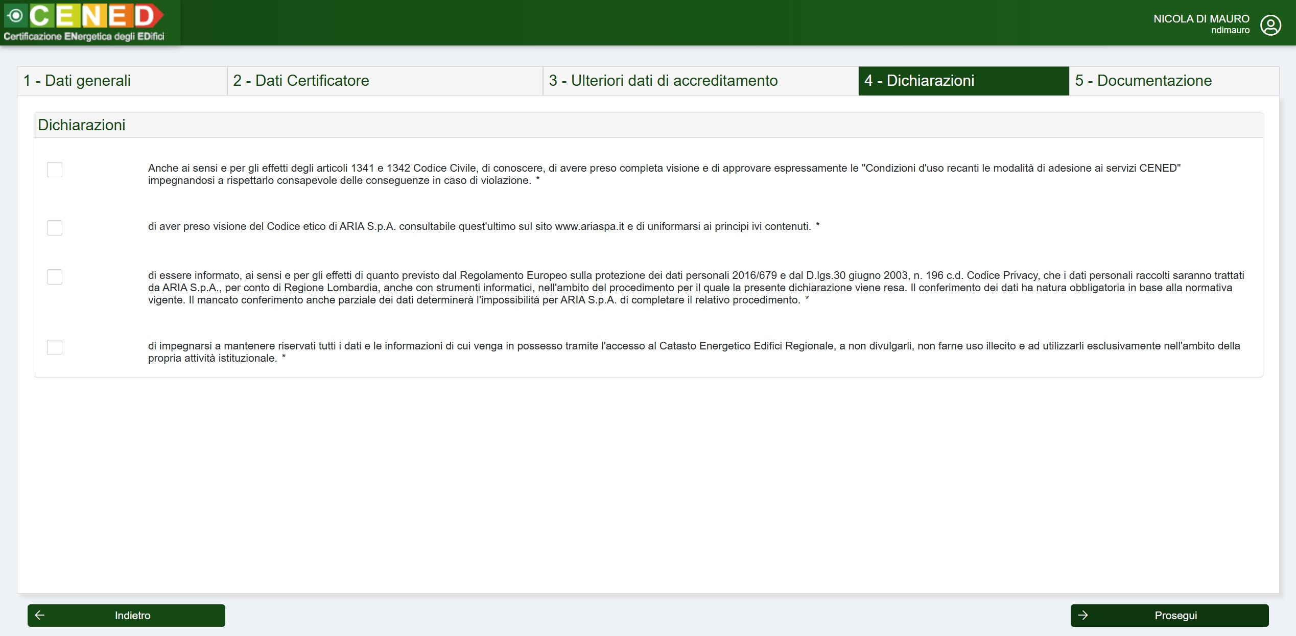 Figura A.8: Registrazione certificatore - Dichiarazioni