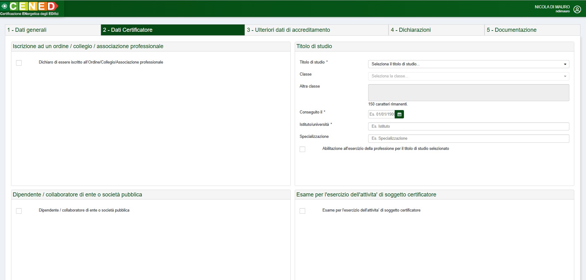 Figura A.1: Registrazione certificatore - Dati certificatore