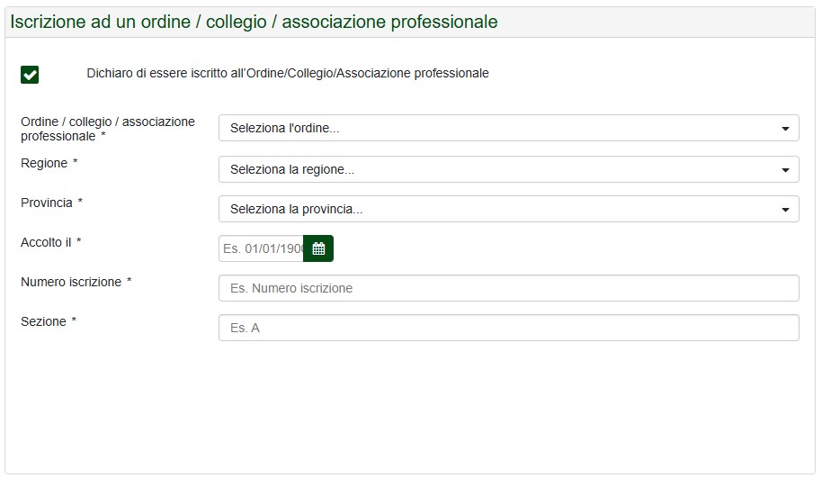 Figura A.3: Registrazione certificatore - Dati certificatore: Iscrizione a Ordine, Collegio o Associazione professionale